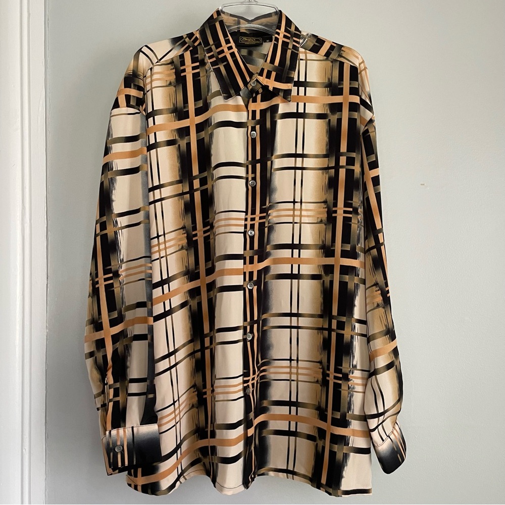Vintage Monzini Collection Men’s XL Button Down Shirt Beige Black Plaid 80s 90s